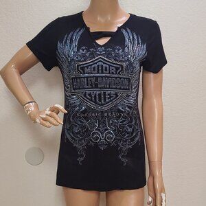 HARLEY DAVIDSON FITTED WOMEN'S T-SHIRT TOP S/S WINGS LOGO STUDDED SEQUIN sz S